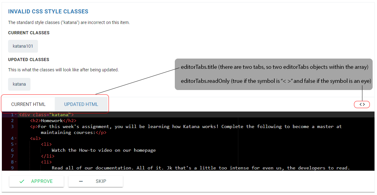 Editor tab with object key descriptions alt text